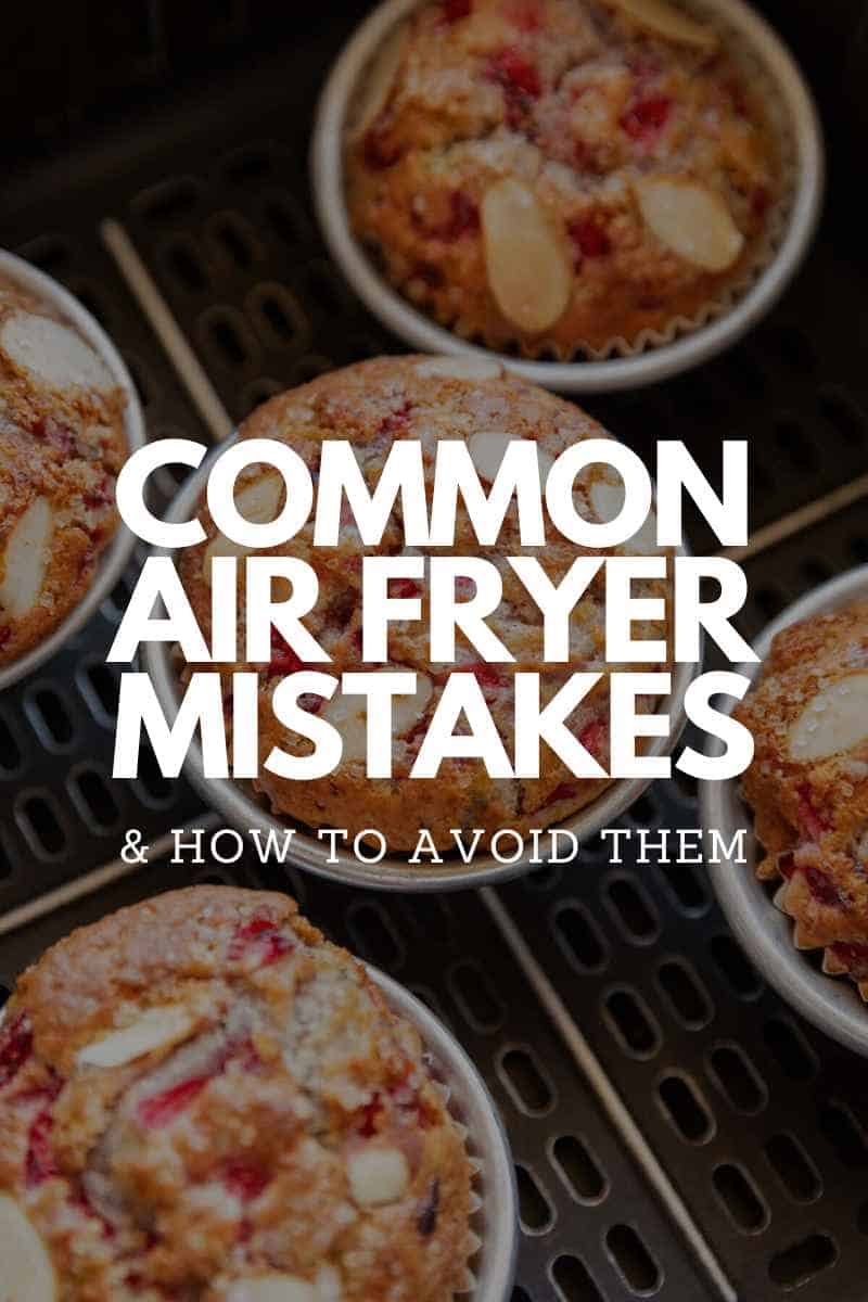 freshly baked air fryer muffins placed in an air fryer basket with text overlay