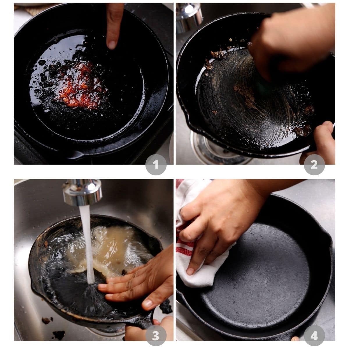 Picture collage showing 4 steps to clean and wash a cast iron pan properly