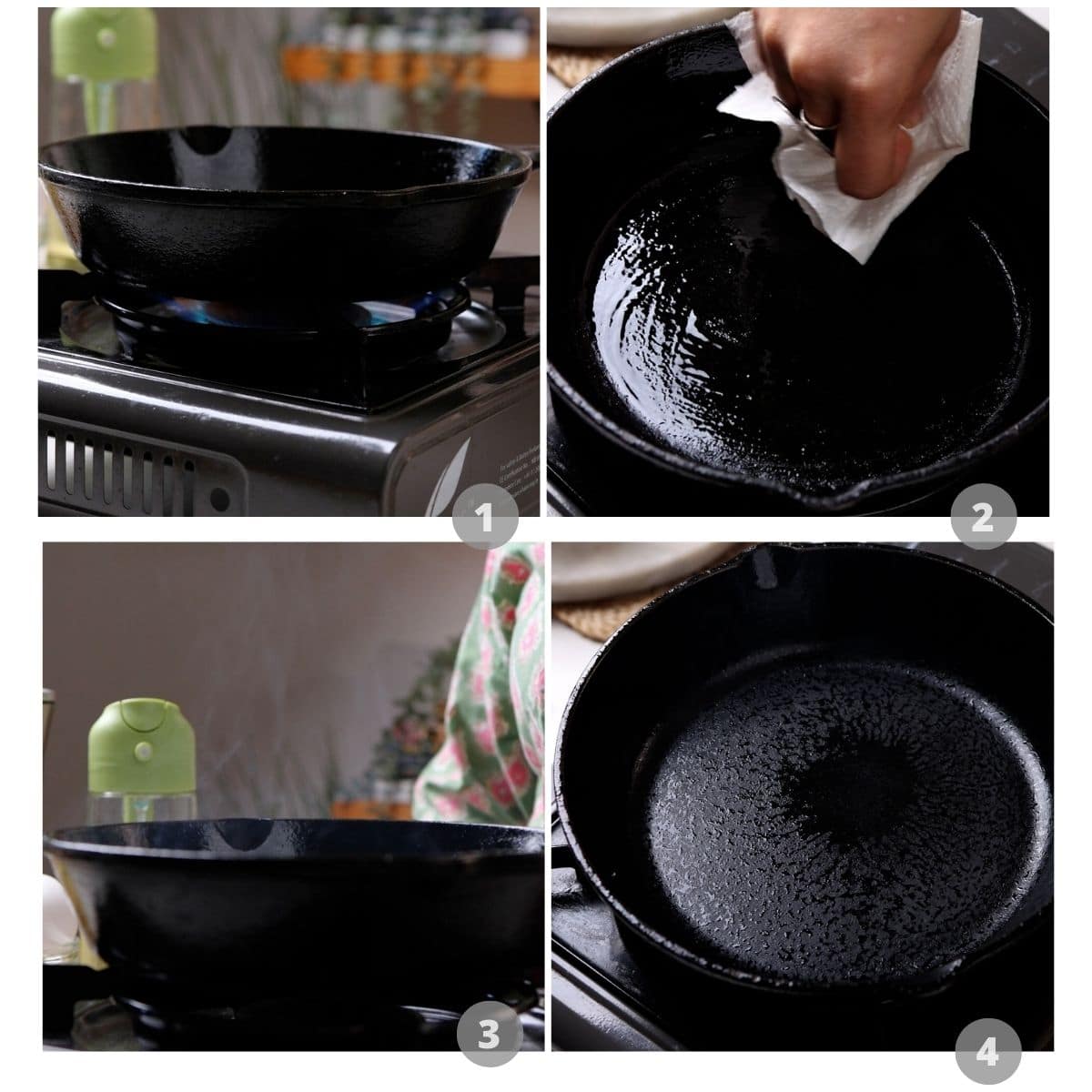 Picture collage showing step by step how to season a cast iron pan after cleaning