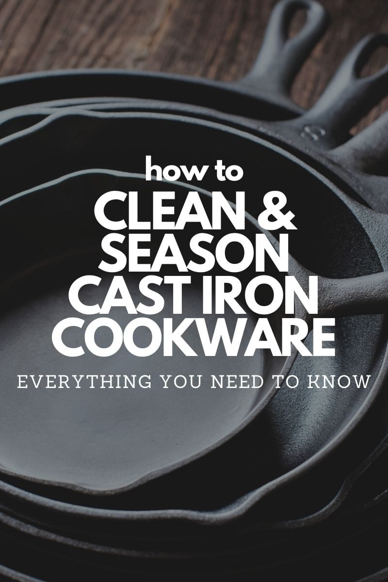 an image of a stack of freshly cleaned and seasoned cast iron pans with text overlay