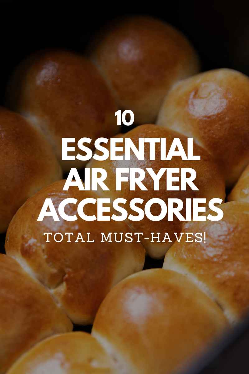 an image of air fryer dinner rolls still in the air fryer basket with text overlay