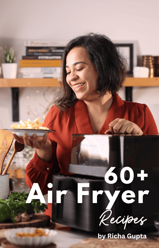 a smiling woman holding a plate of fries and standing next to an air fryer with text overlay