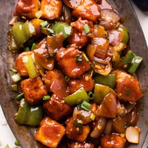 Chilli Paneer served on a platter