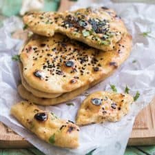 Pieces of the no yeast Naan that is prepared in 30 minutes.