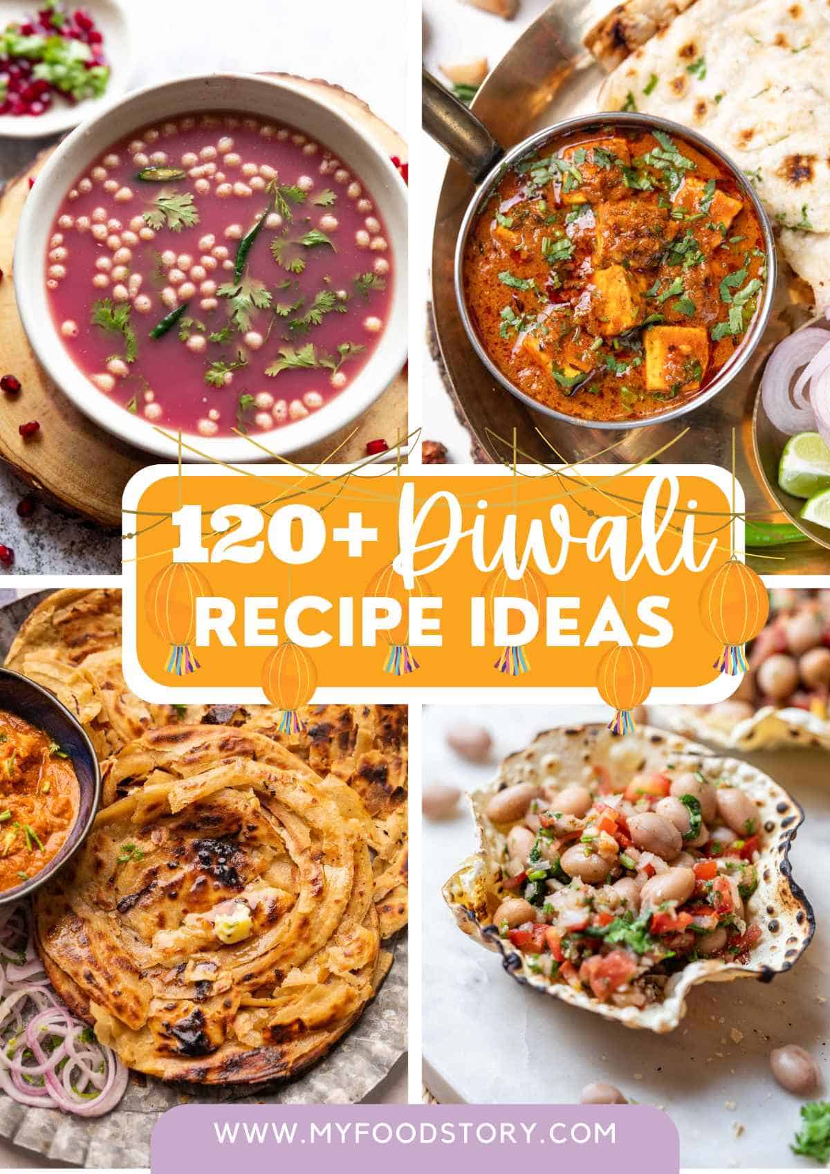 Picture Collage of 4 diwali recipe photographs with text overlay