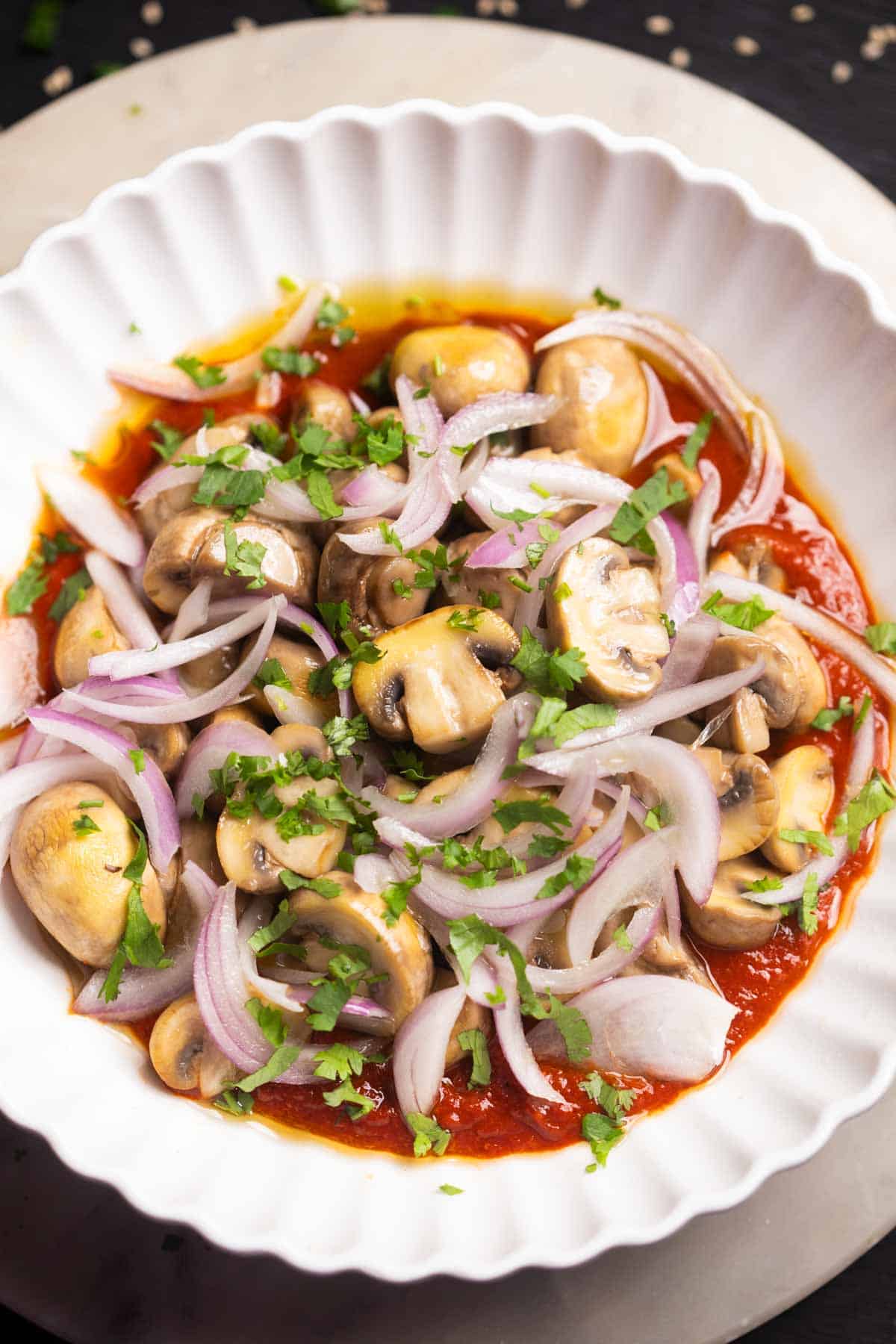 Nepali Mushroom Salad or Sadheko, served in bowl
