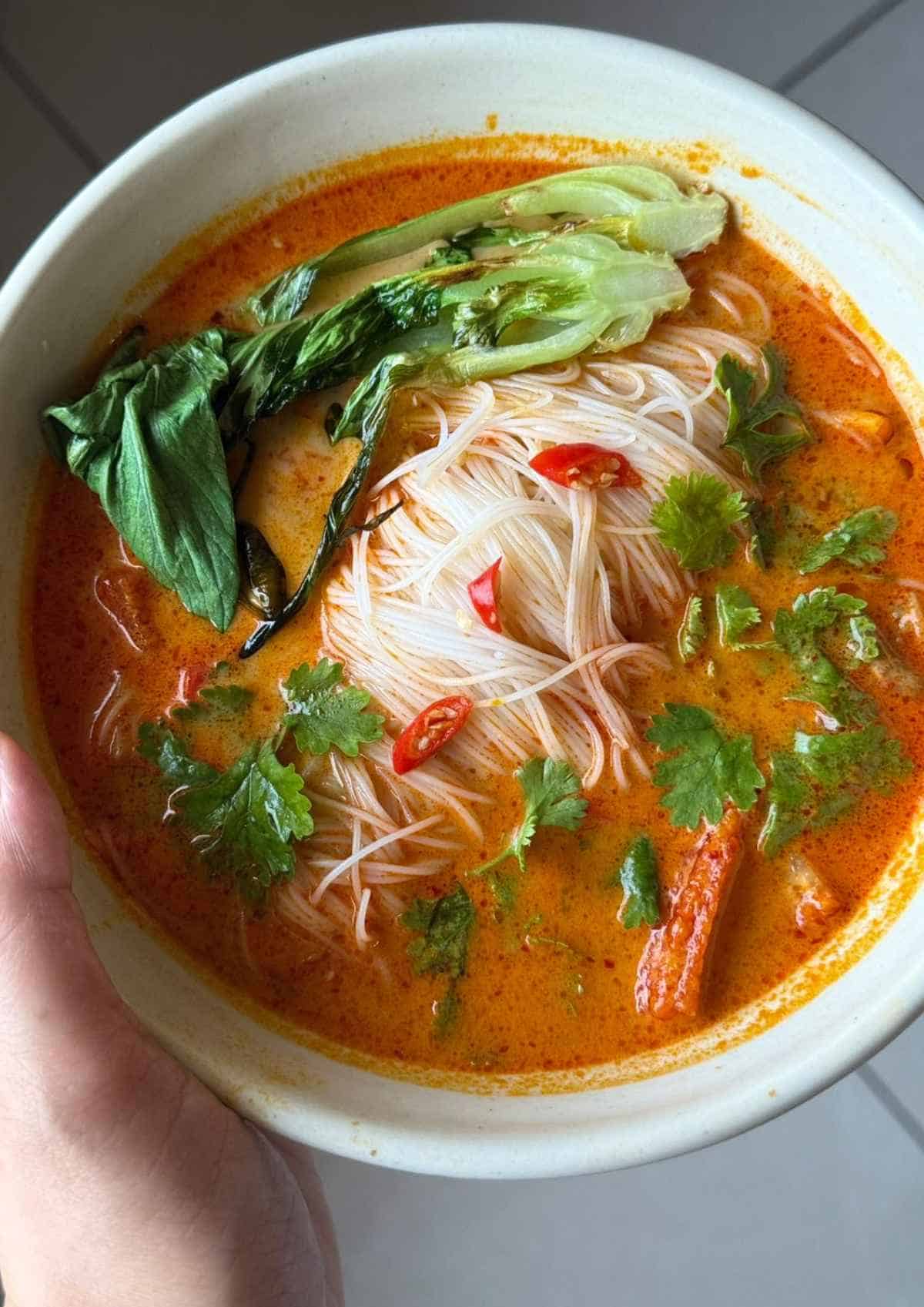 an image of red thai curry soup served in a white bowl