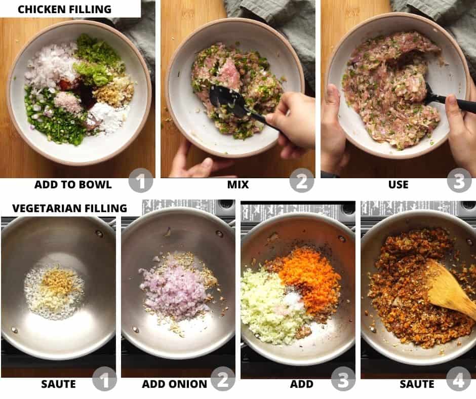 Step by step instructions to show how to mmake chicken and vegetarian filling for momos