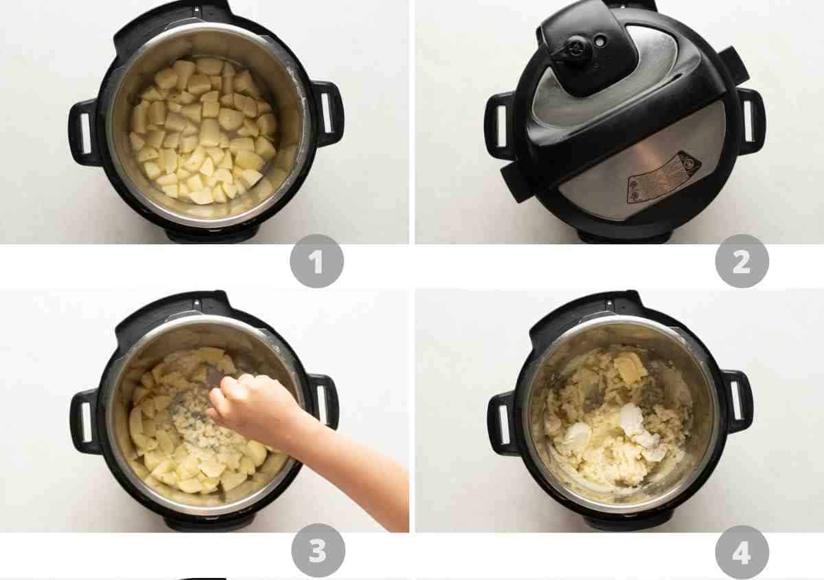 Step by step picture collage showing how to make mashed potatoes in the instant pot