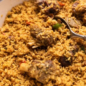 a close up image of dindigul mutton biryani to show it's texture