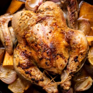 Roast chicken in the cast iron skillet, roasted with veggies and pan juices