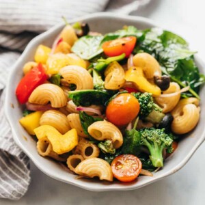 Vegan Pasta Salad with Italian Balsamic Dressing served in a bowl