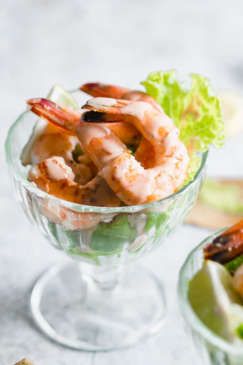 Closeup of prawn cocktail served in stem glasses