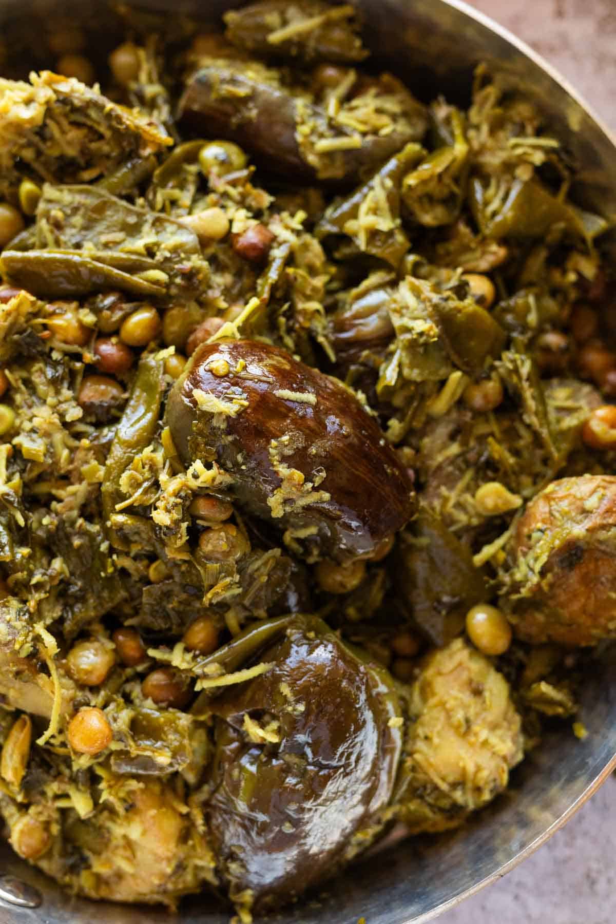 a close up image of shortcut undhiyu to show it's texture