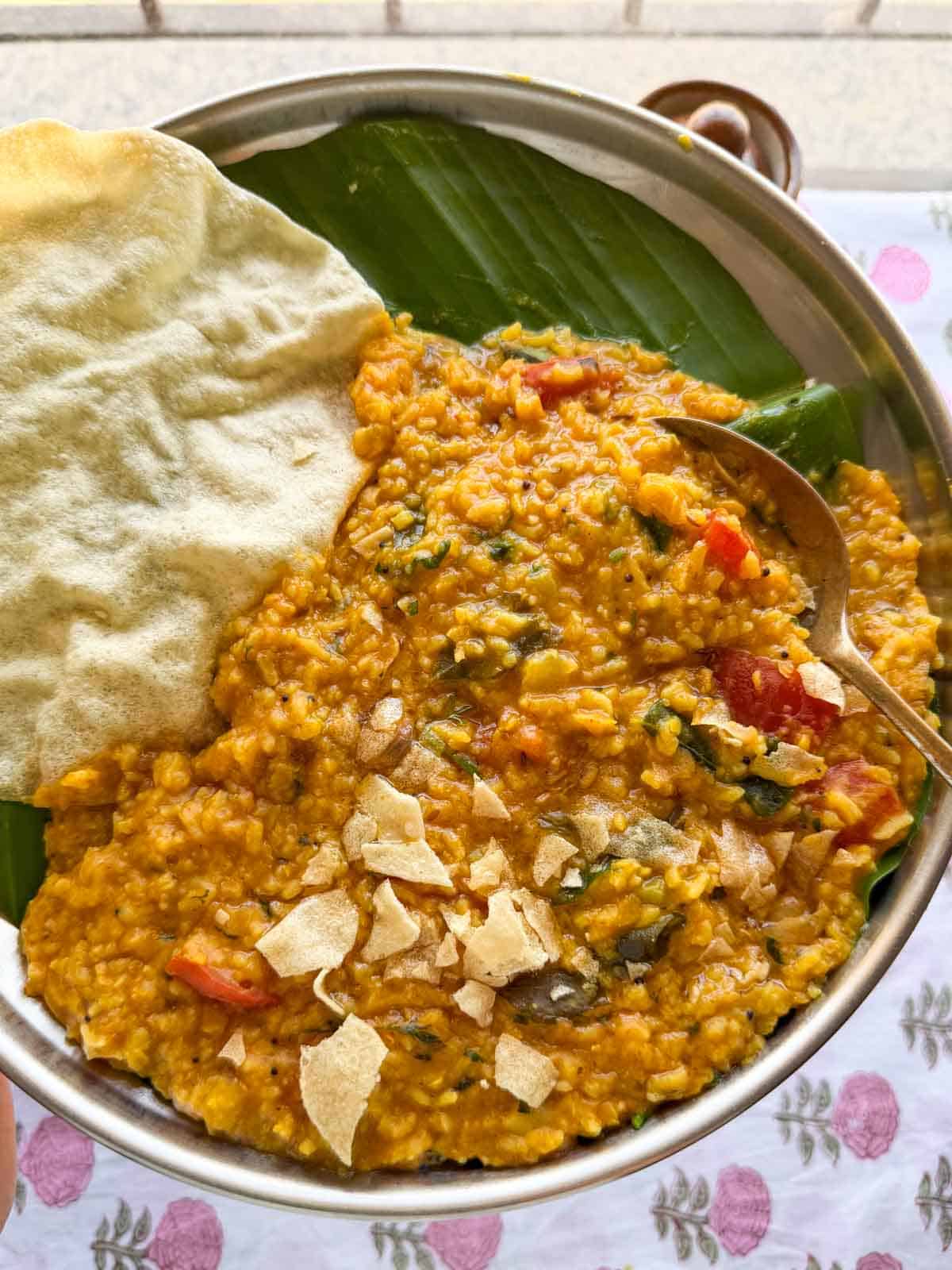 sambar rice served with papadum 