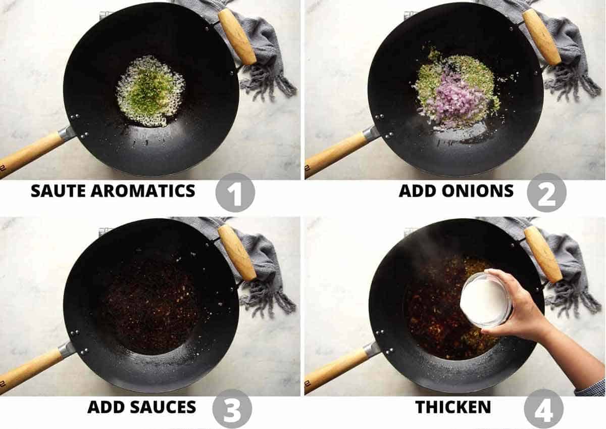 Step by step picture collage showing how to make the sauce for manchurian