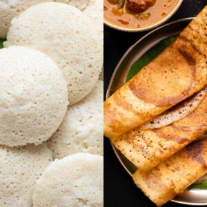 Two picture collage with pictures of soft, fluffy idlis stacked on a plate and crispy dosas served on a banana leaf lined plate