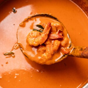 mangalorean prawn curry picked up in a ladle to show the texture