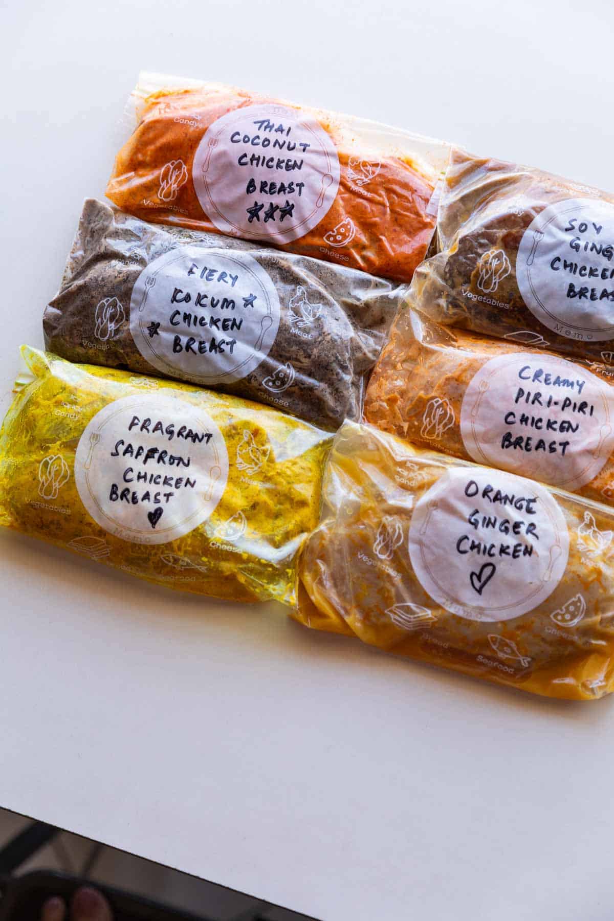 6 marinated chicken breasts stored in labelled zip lock bags