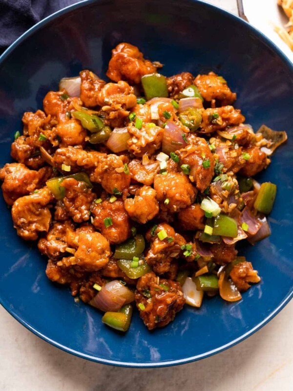 Gobi manchurian served in a blue bowl