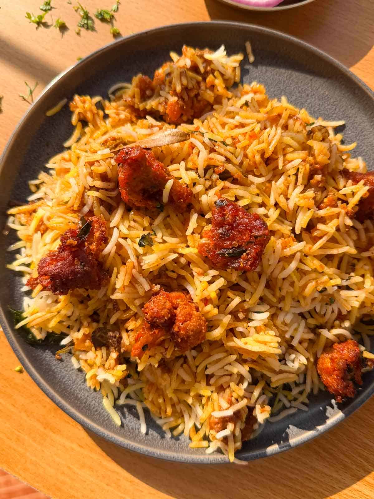 gobi 65 biryani served on a plate