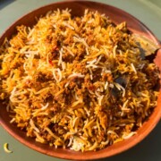 Veg soya keema biryani served in a brown bowl