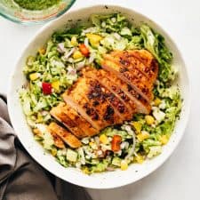 Barley Chicken Salad served in a grey bowl ready to eat