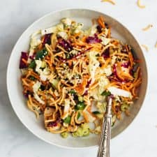 Crunchy Chinese chicken salad served in a bowl with a fork