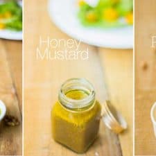A collage of three homemade salad dressings.