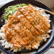 chicken katsu rice bowl served with accompaniments