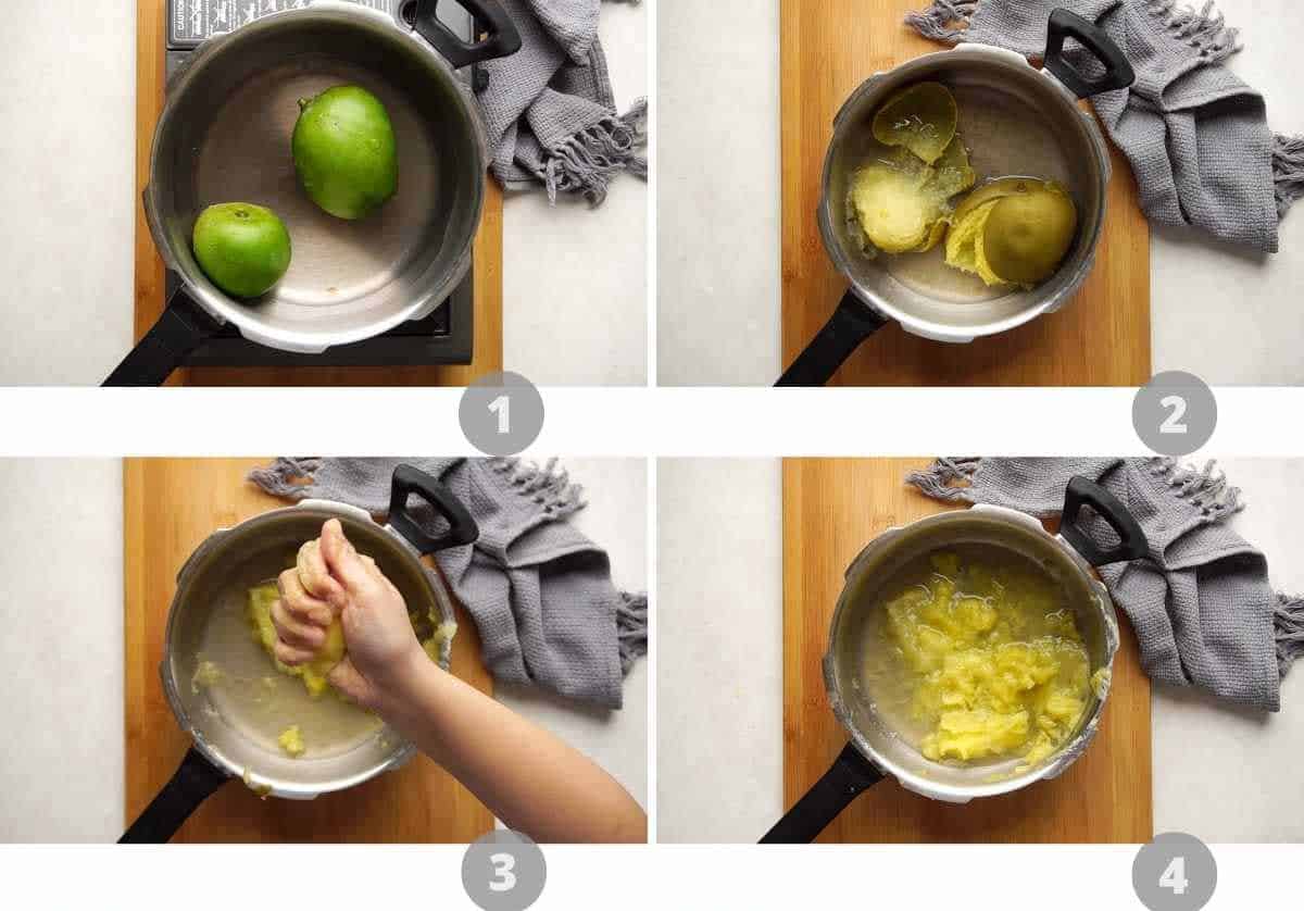 Step by step picture collage showing how to make aam panna