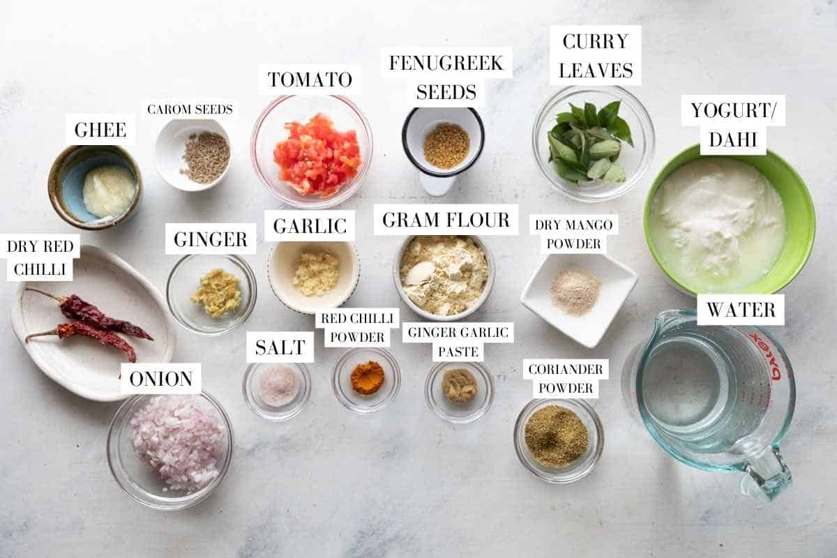 ingredients for kadhi pakoda with text overlay