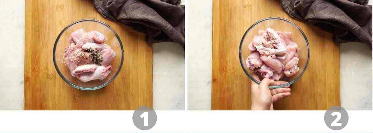Step by step picture collage showing how to marinate chicken