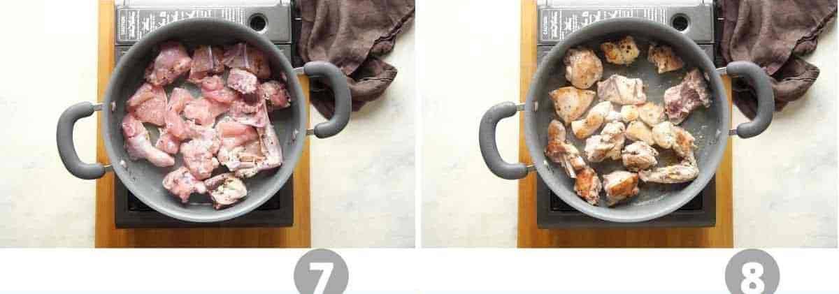 Step by step picture collage showing how to brown chicken pieces