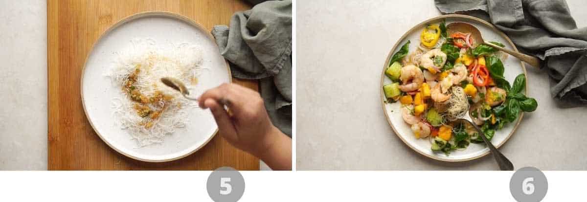 Step by step picture collage showing how to make thai prawn mango salad
