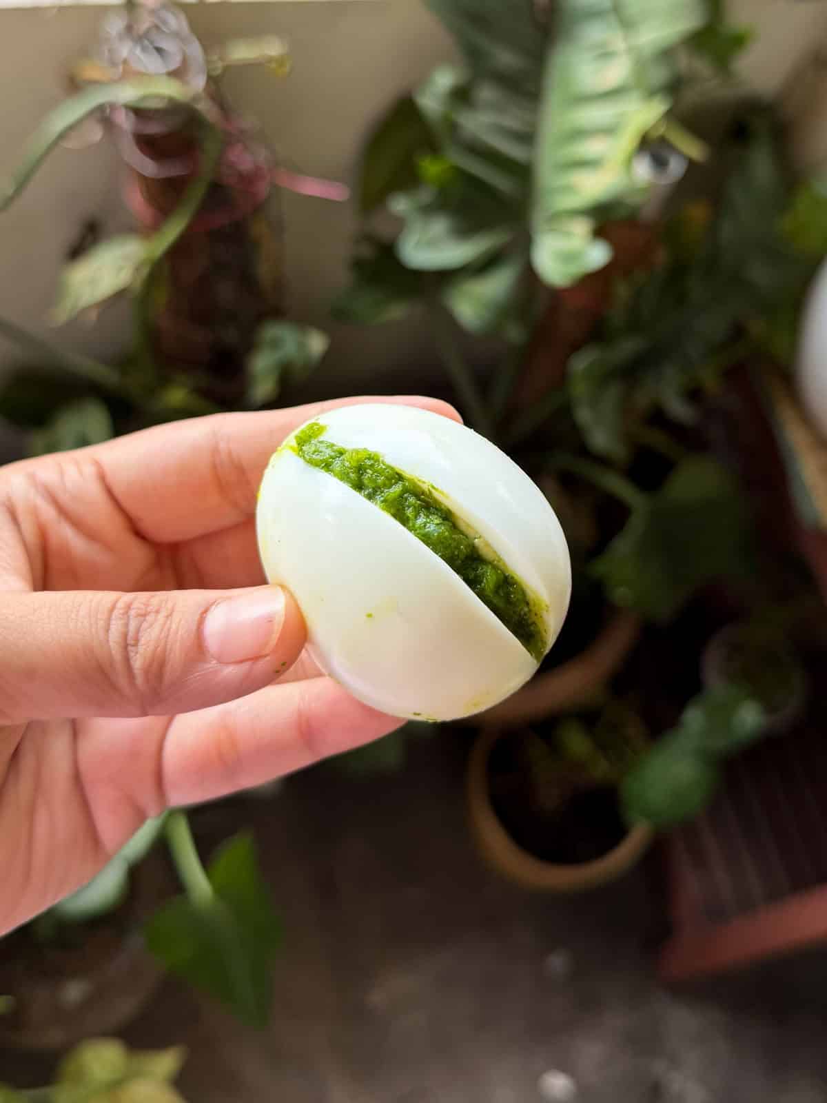 a person holding a stuffed egg to showcase it's texture