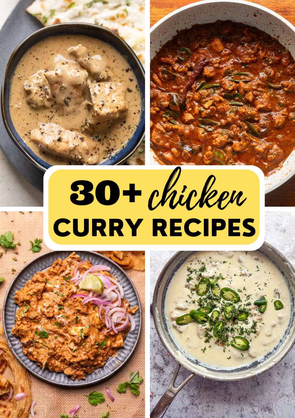 a collage of 4 chicken curry recipes with text overlay