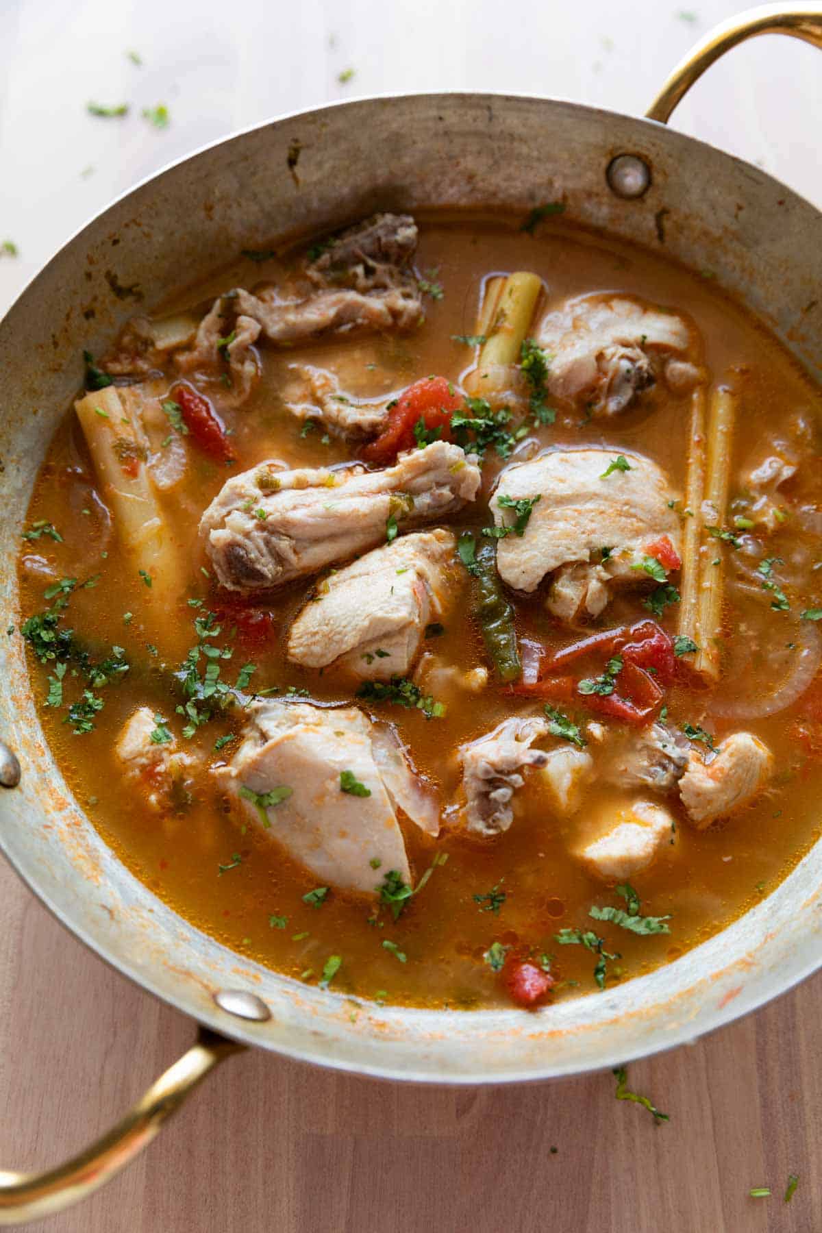 zero oil chicken curry with potatoes in a kadai ready to be served
