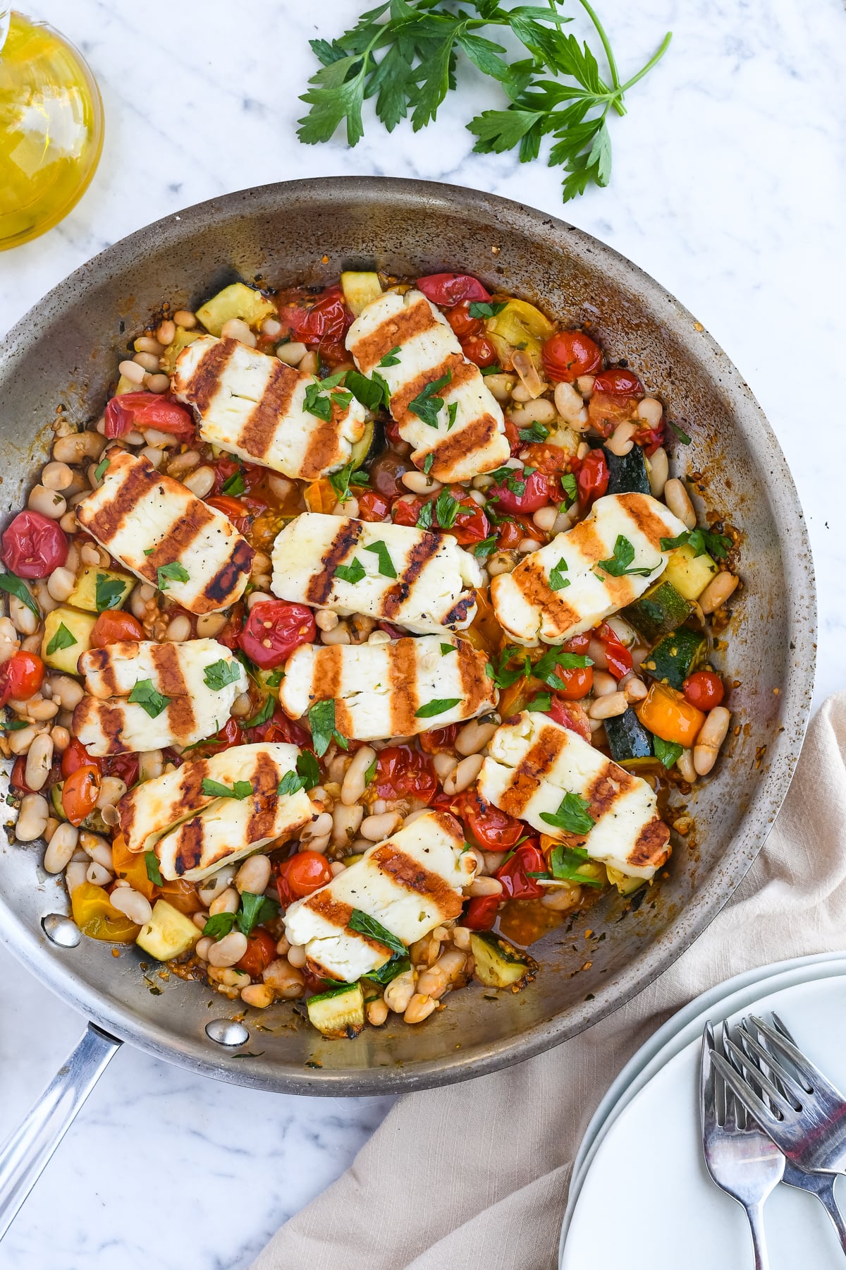 Crispy Halloumi with Cherry Tomatoes White Beans & Zucchini