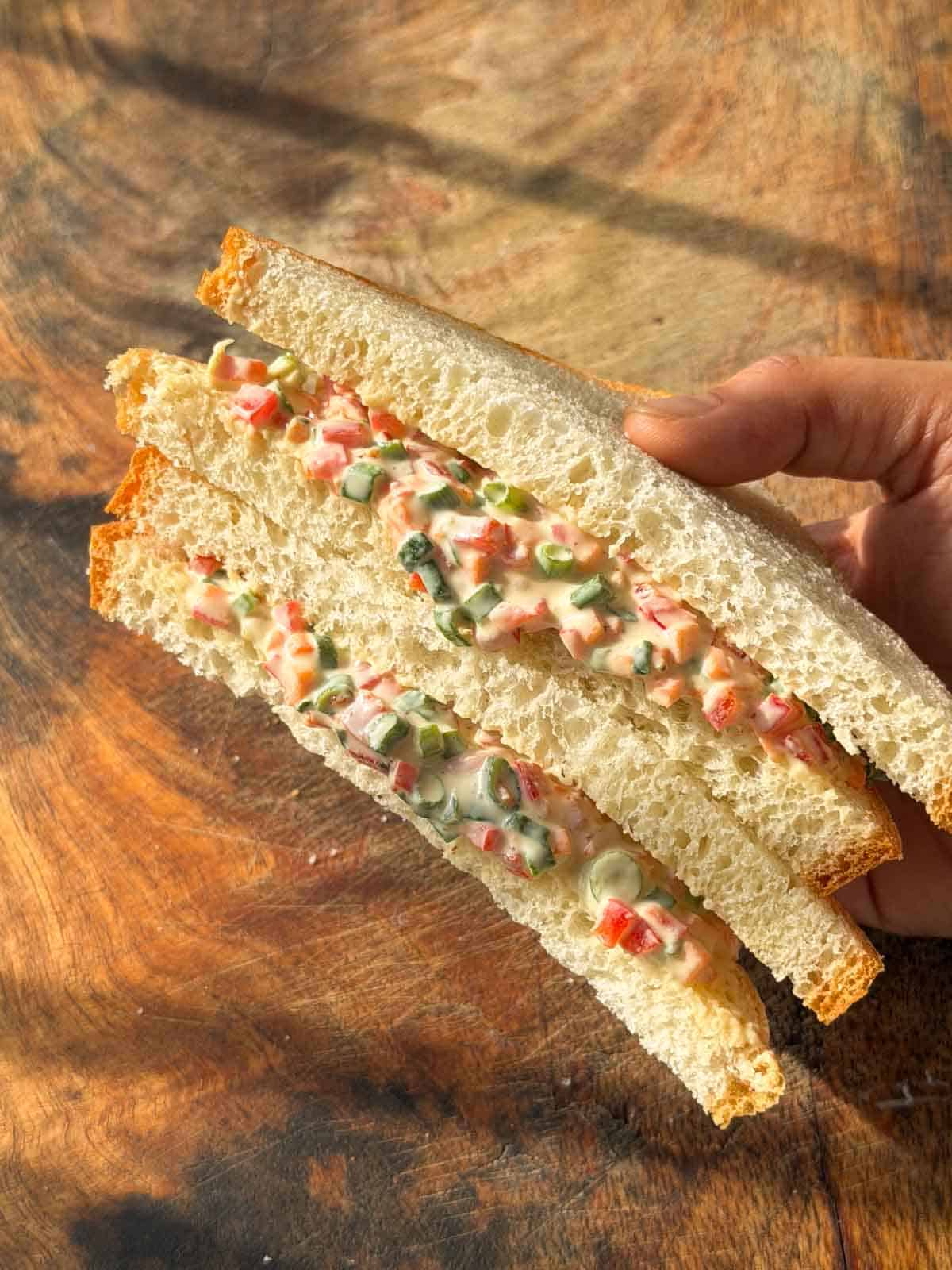 a veg sandwich made using the homemade veg mayonnaise