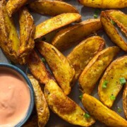 air fryer potato wedges with an accompanying dip
