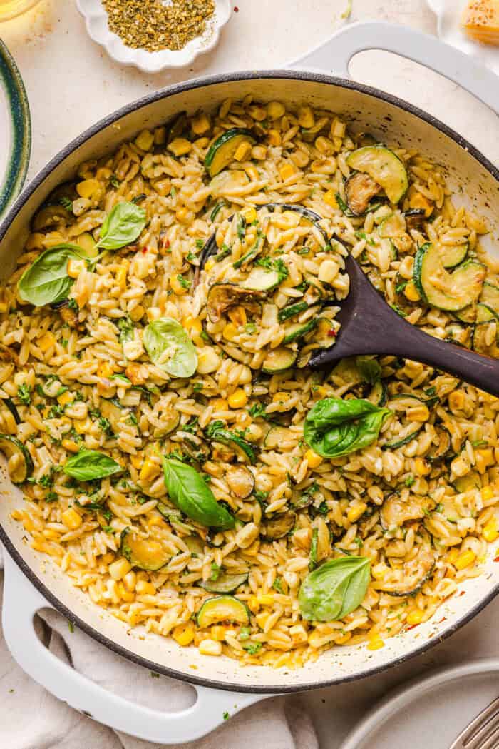 One Pan Lemon Garlic Orzo with Zucchini and Corn
