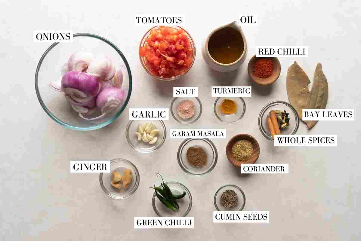 Ingredients for chicken curry pictures on a marble with text to identify them