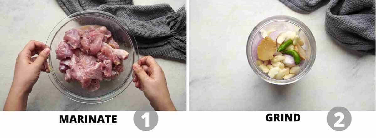 Step by step collage showing how to marinade chicken and grind onion paste for the gravy