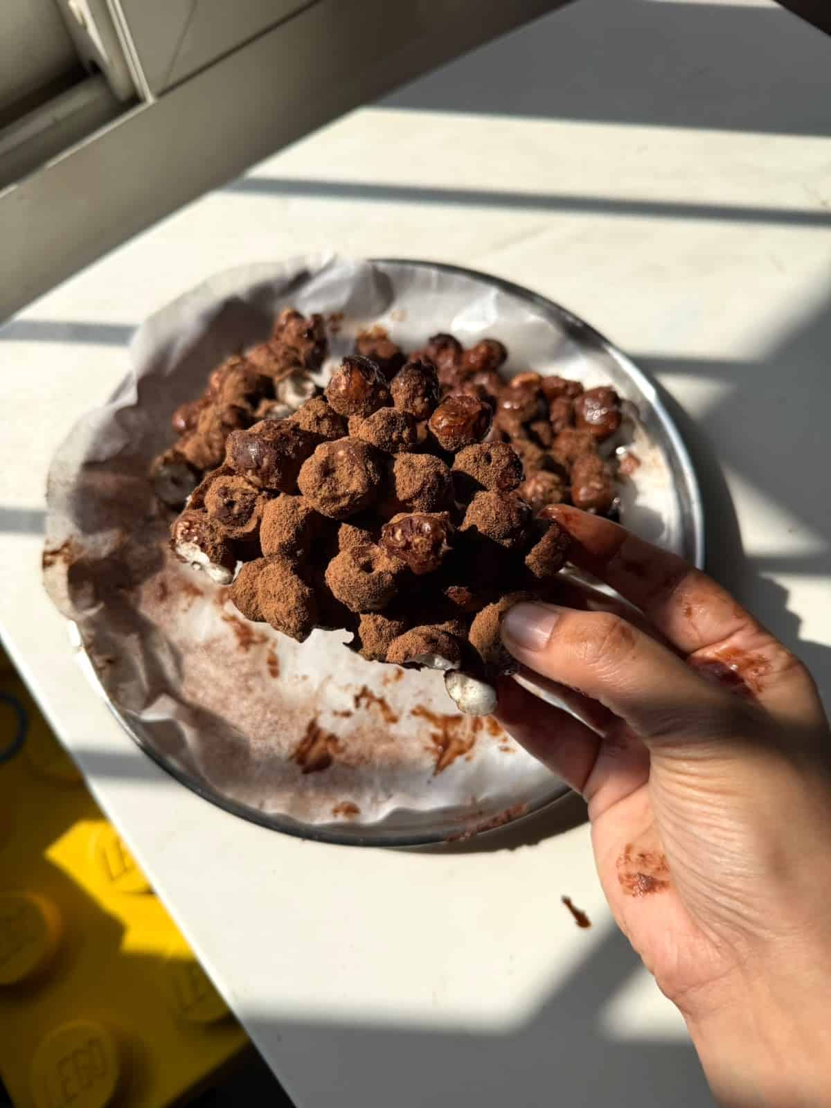 a person holding a piece of makhana chocolate bark 