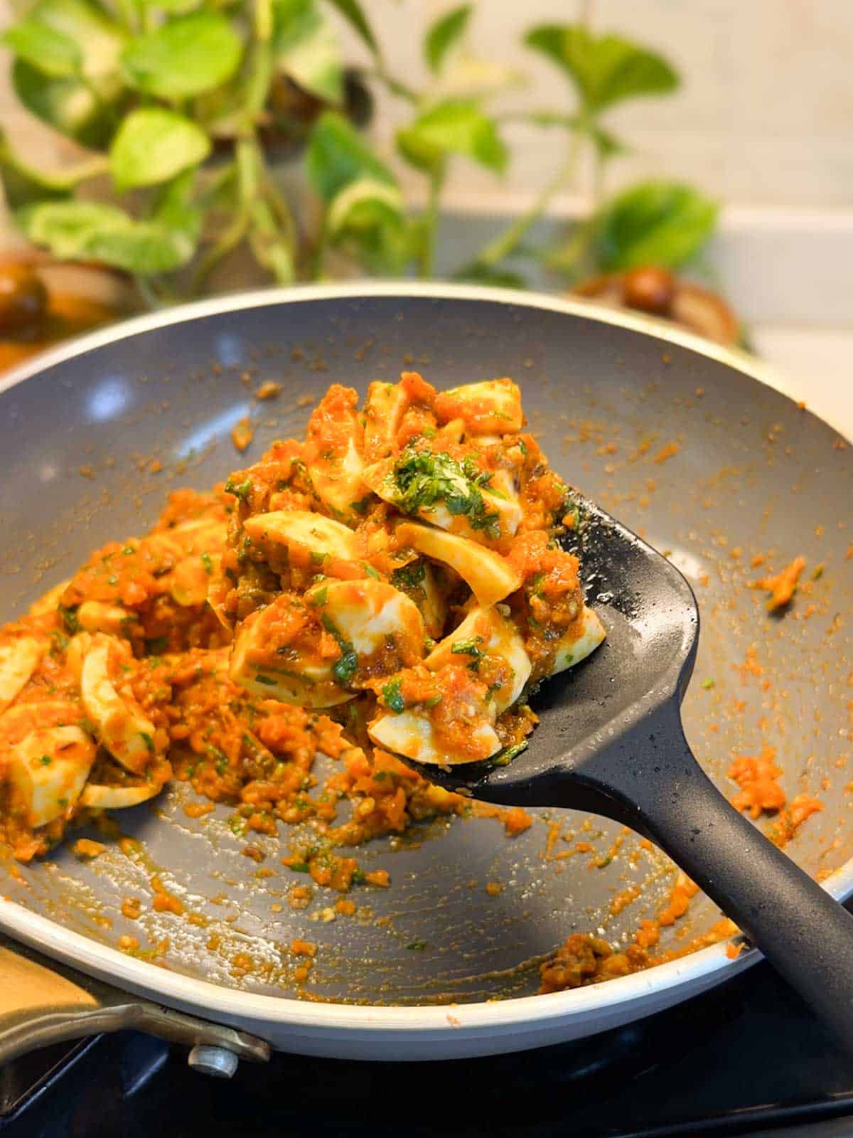 a bit of egg roll masala scooped up in a spoon to showcase it's texture and color